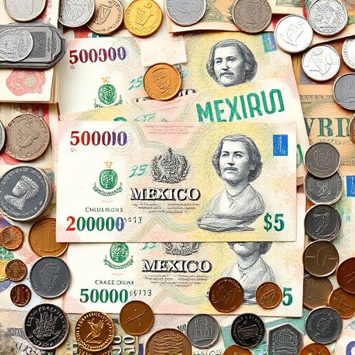 Close-up of Peso bills and coins arranged artistically to represent the Mexican economy.